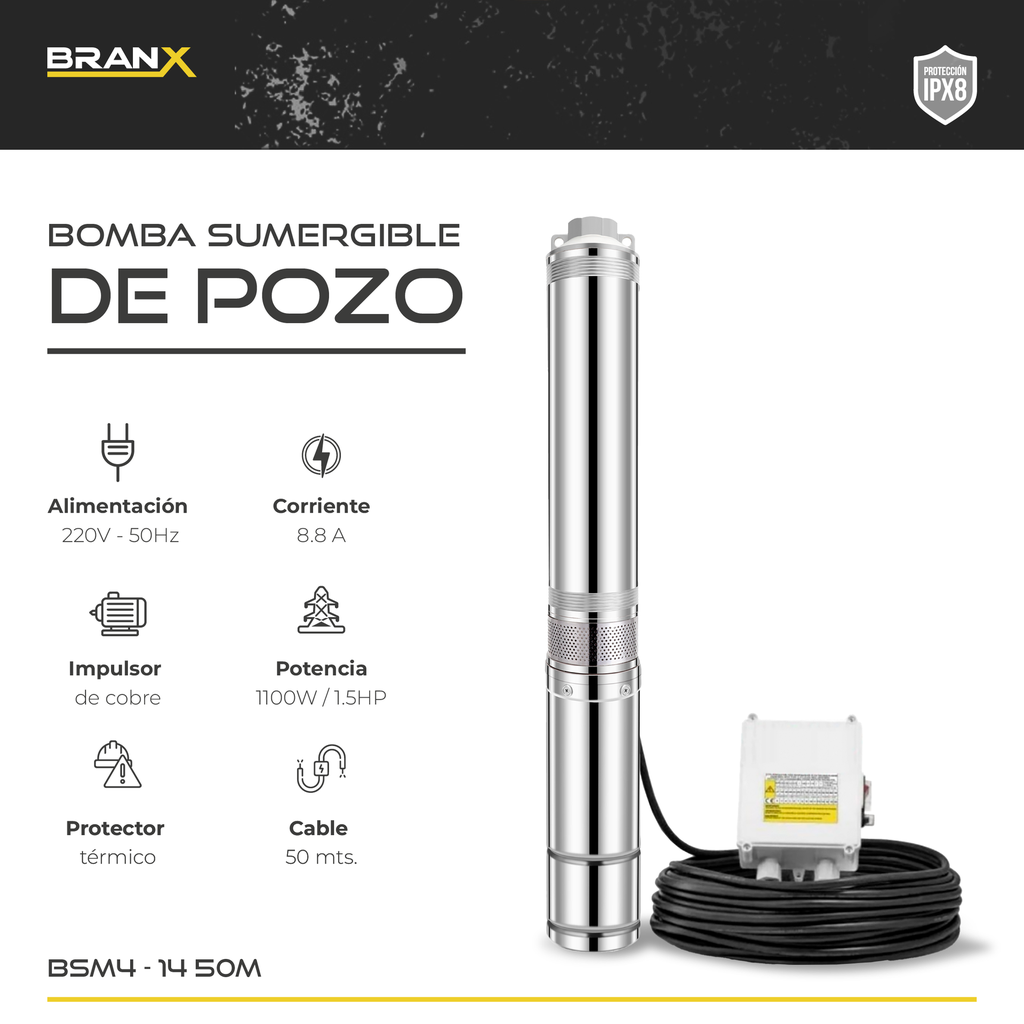 BOMBA SUMERGIBLE BSm4-14 + CABLE 50 MTS + TABLERO DE CONTROL