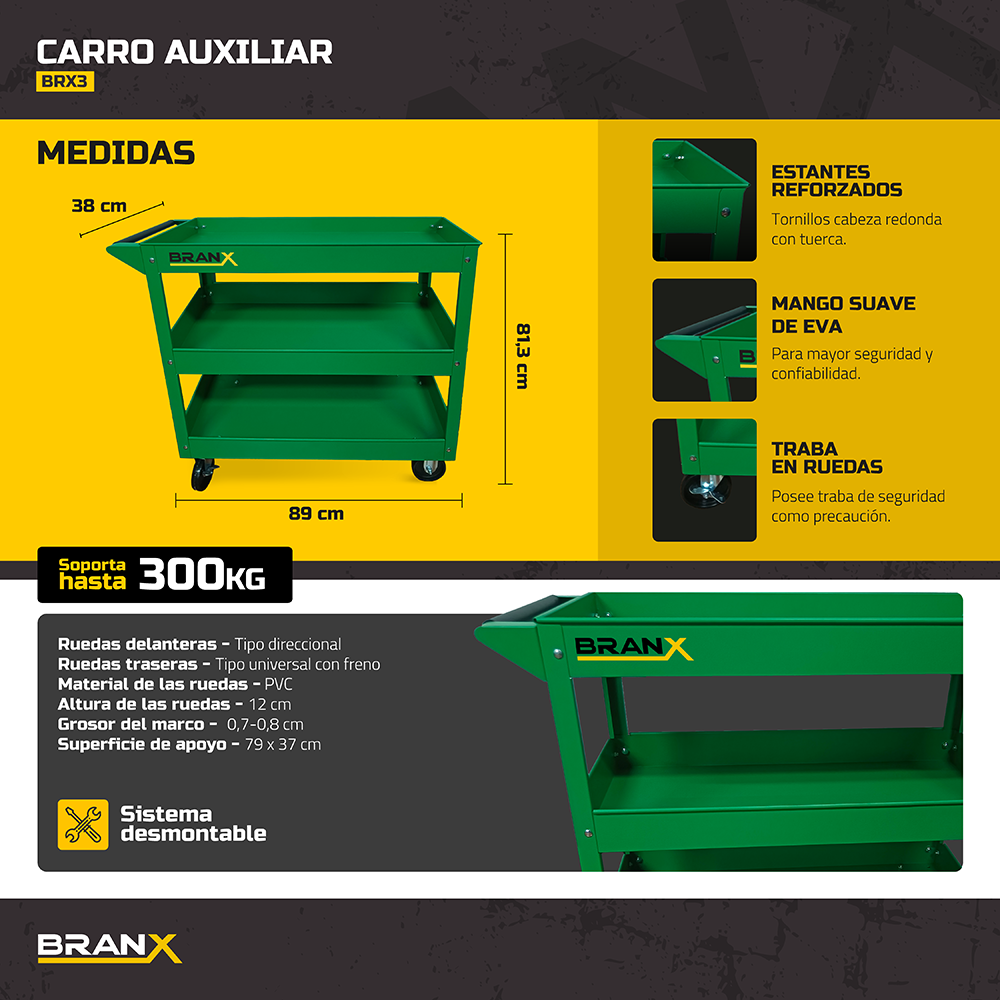CARRO HERRAM 3 ESTANTES BRANX